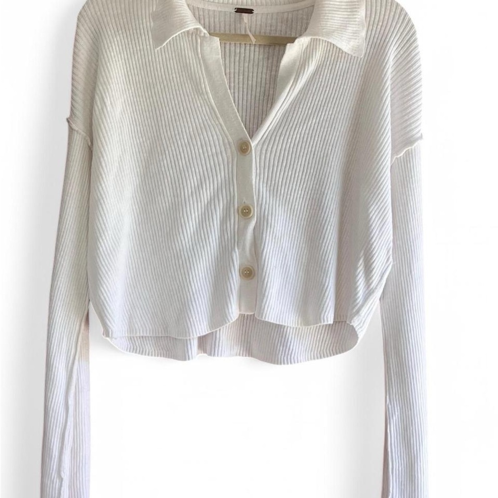 Free People Cream Ribbed Button-Up Cardigan